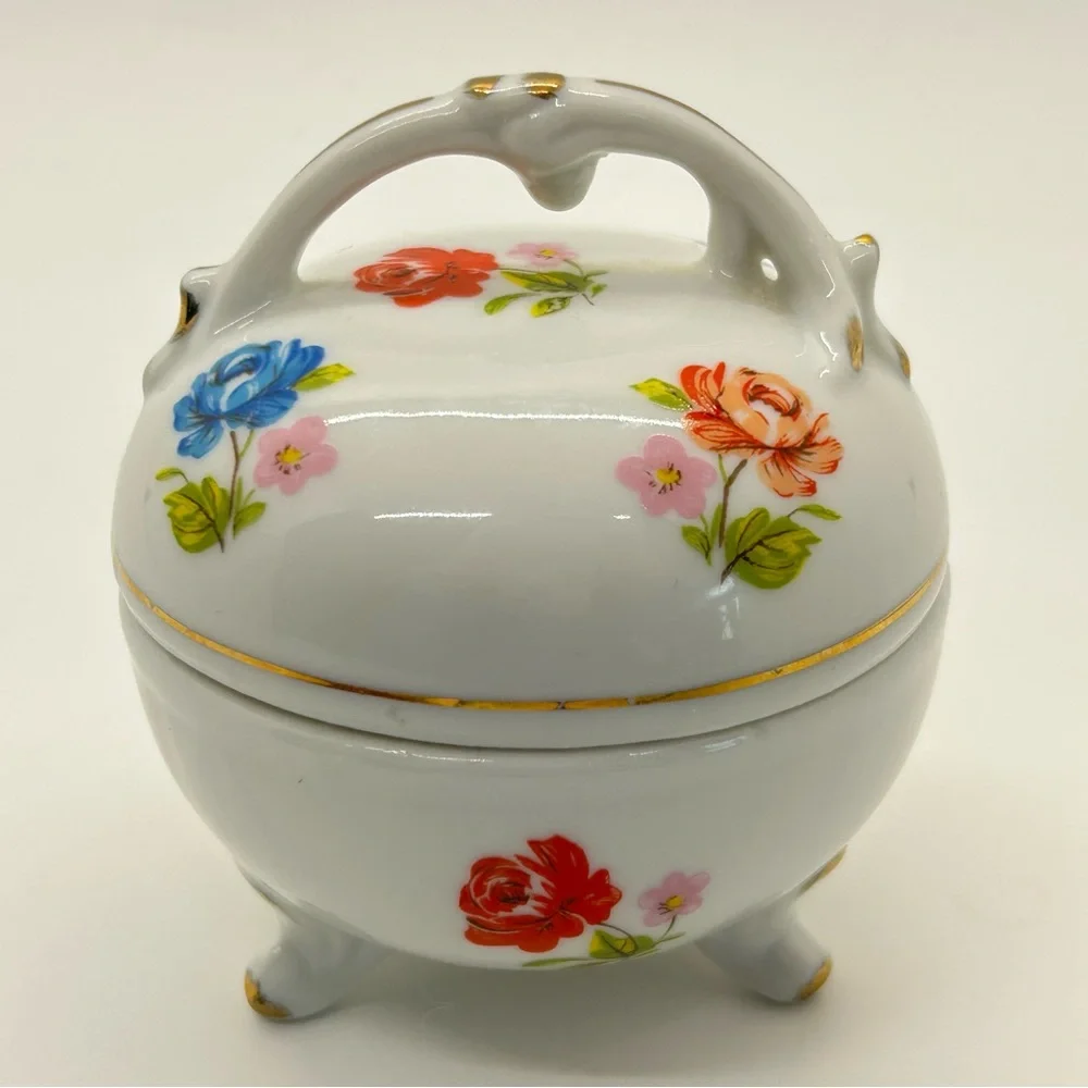 VTG ENESCO Hand Painted Flowers Trinket Box JAPAN